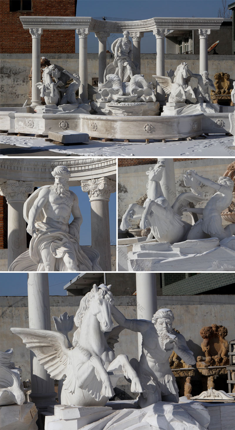 LARGE OUTDOOR WHITE MARBLE STATUARY WATER FOUNTAINS WITH FIGURE AND ANIMALS FOR SALE