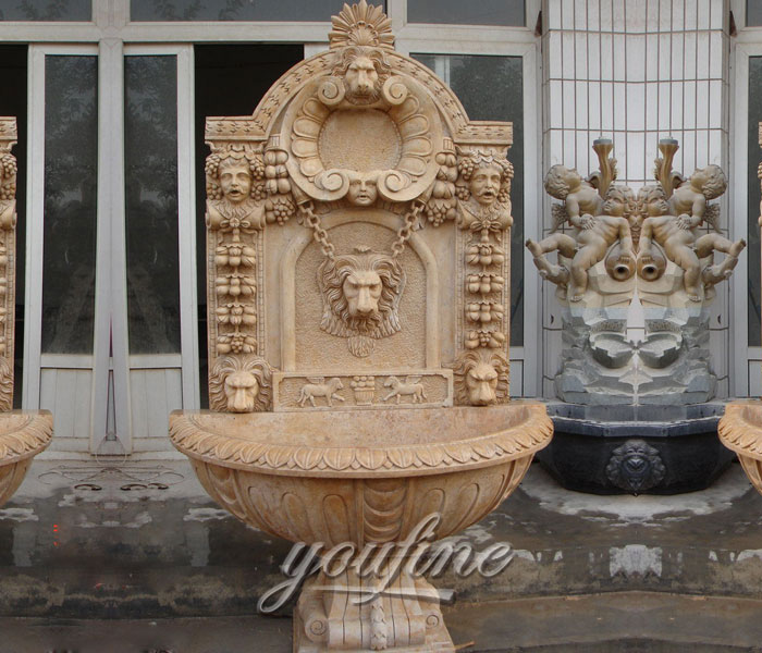 Outdoor lion design garden wall fountains with basin for sale