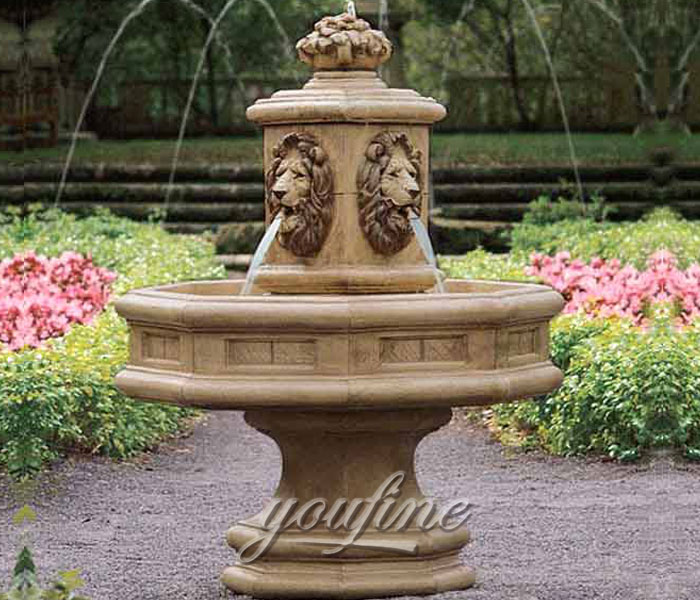 Outdoor carved beige marble tiered water lion face fountains for saleOutdoor carved beige marble tiered water lion face fountains for sale