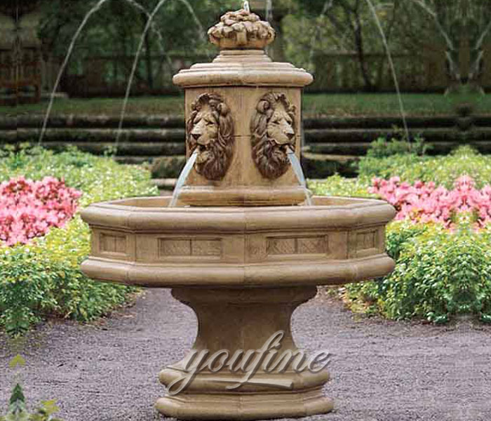 Outdoor carved beige marble tiered water lion face fountains for saleOutdoor carved beige marble tiered water lion face fountains for sale