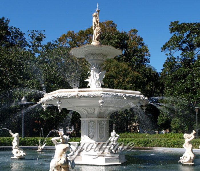 Outdoor large natural white stone waterfall lion face fountain with famous woman for sale