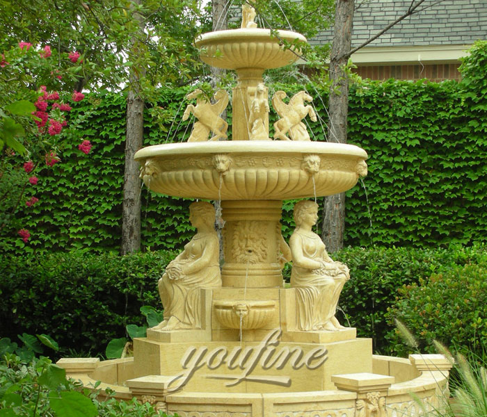 Beige marble waterfall stone 3 tier horse fountain outdoor with sitting woman statue decoration for sale