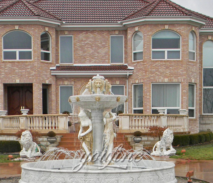 Large outdoor grand water marble lion fountain with woman statue