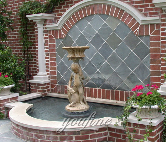 Outdoor tiered antique marble water wall fountain with angel and goat statue for yard on sale