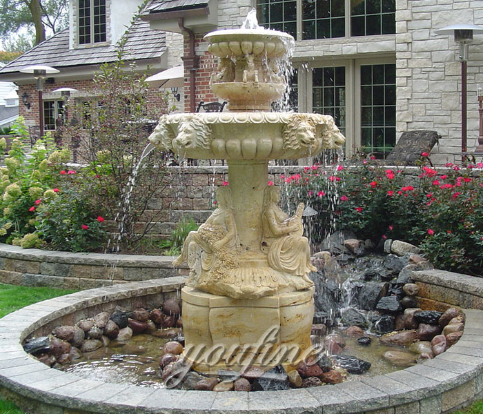 Outdoor antique marble water lion head fountain with pool for park on sale Outdoor antique marble water lion head fountain with pool for park on sale