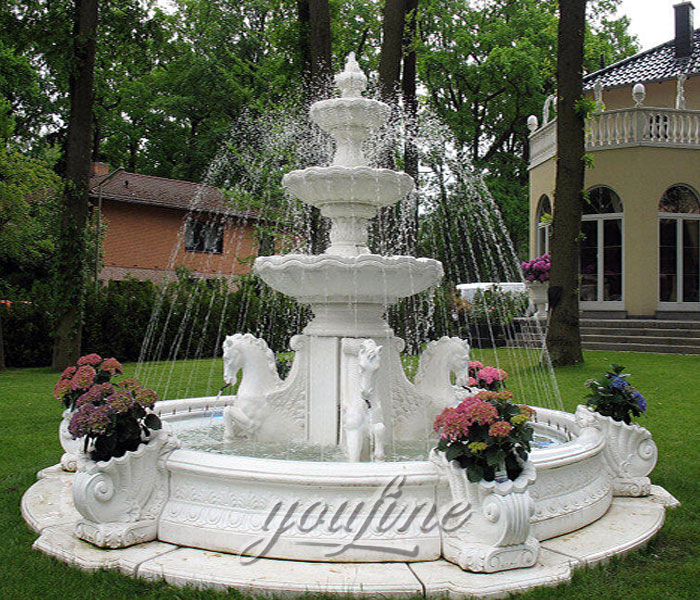 Outdoor classical 3 tiers pure white marble water fountain with horse for garden on sale