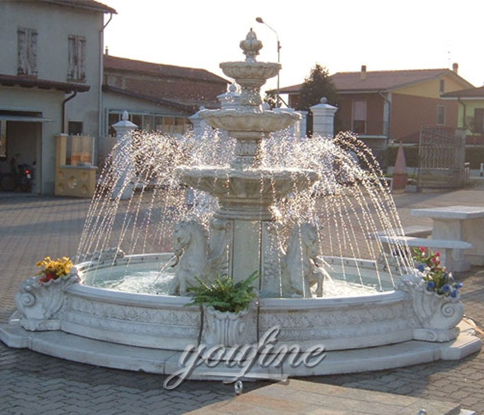 Outdoor classical 3 tiers marble stone waterfall fountain with horse for bank on sale