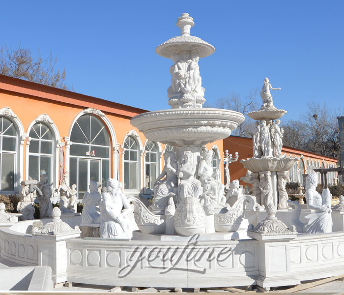 Outdoor white marble tiered waterfall woman statuary fountains for sale