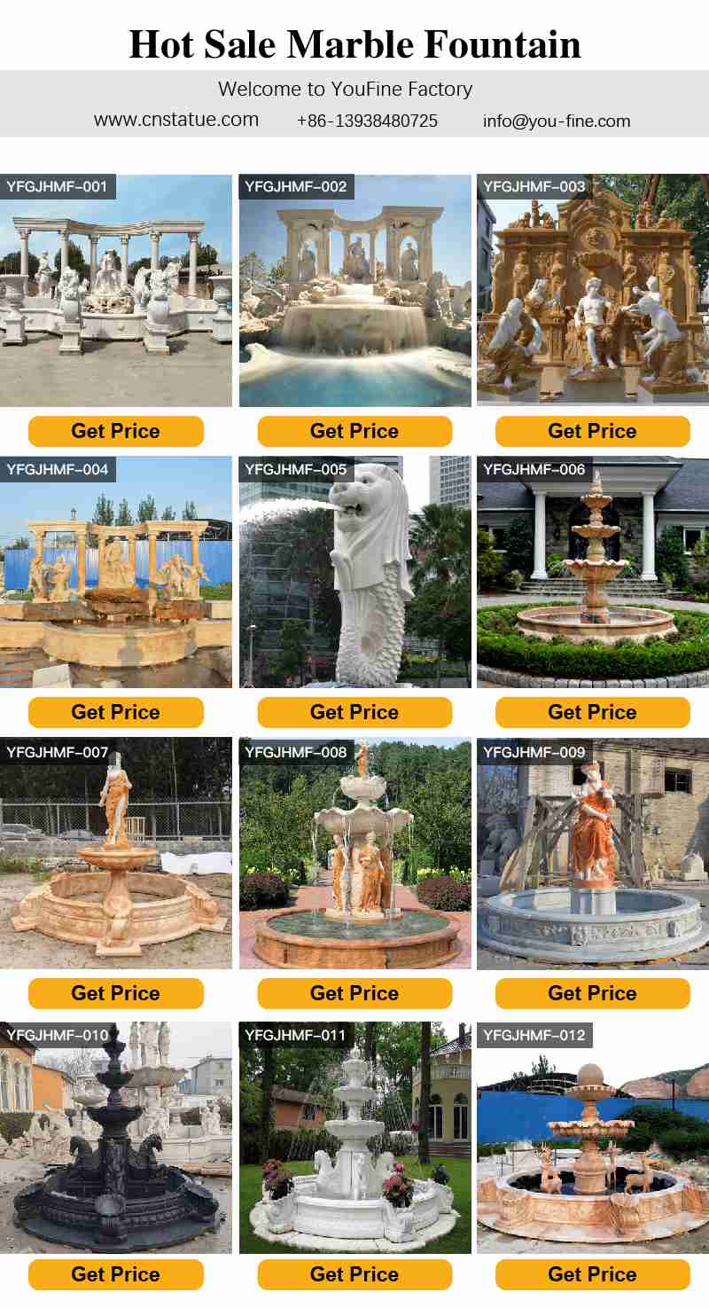 Large outdoor tiered marble water fountain with cherub statue for hotel decor