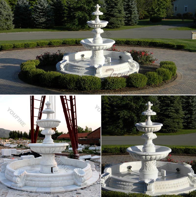 Outdoor hand carve garden life size two tiered pure white marble fountain for backyard decor for sale (1)