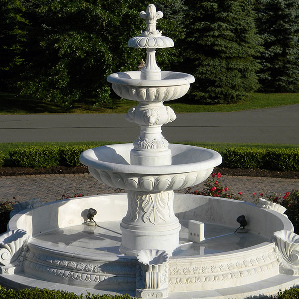 Outdoor hand carve garden life size two tiered pure white marble fountain for backyard decor for sale (1)