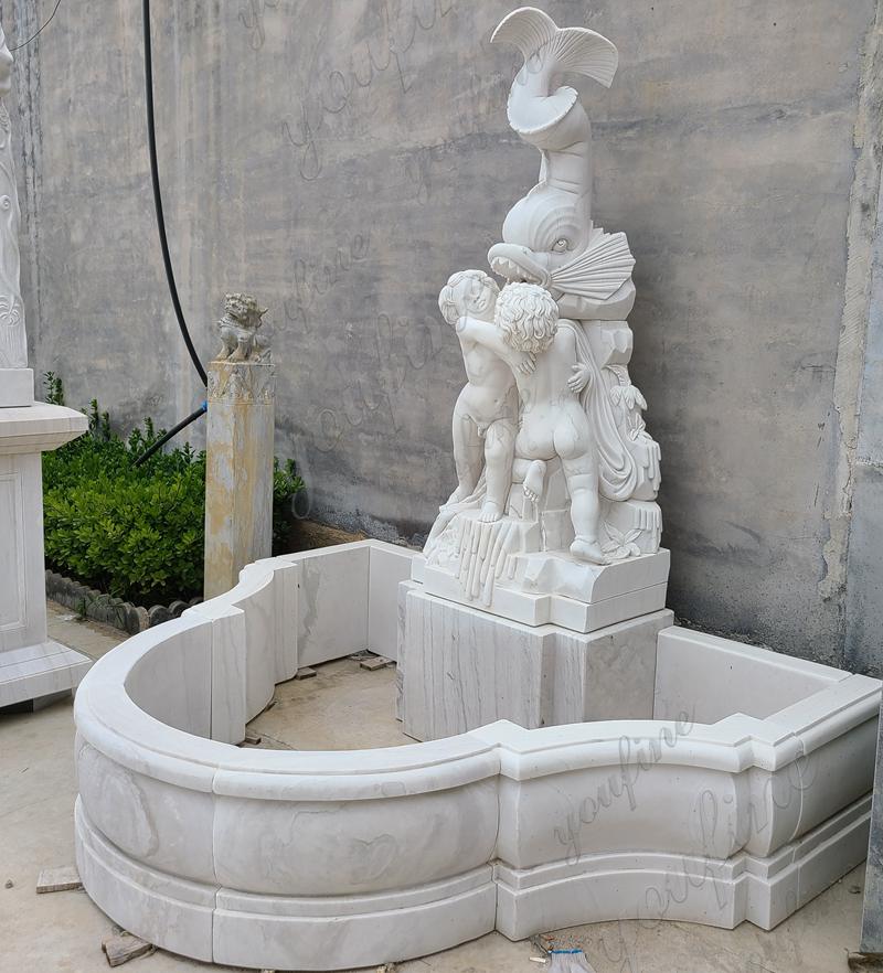 Outdoor Garden Marble Water Fountain with Figure and Fish Design Details