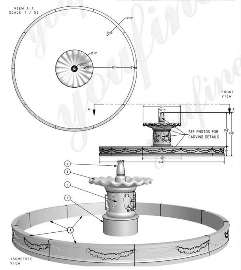 drawing-of-Large Outdoor Tiered Marble Horse Water Fountain for Sale MOKK-176