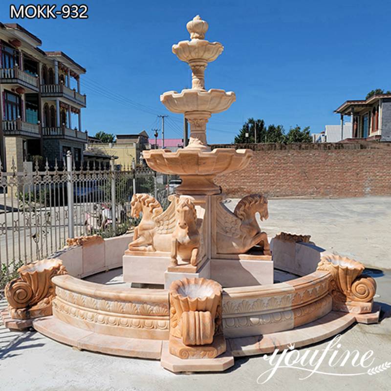 Hand Carved Marble Outdoor Horse Water Fountain Sunset Red for Sale MOKK-932