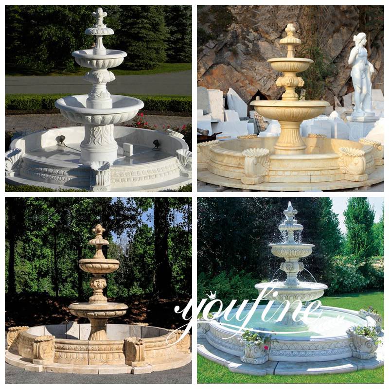 Outdoor hand carved garden life size tiered pure white marble fountain for backyard decor for sale