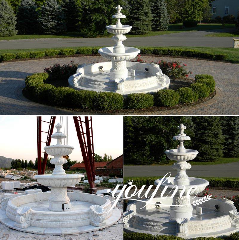 Outdoor hand carved garden life size tiered pure white marble fountain for backyard decor for sale